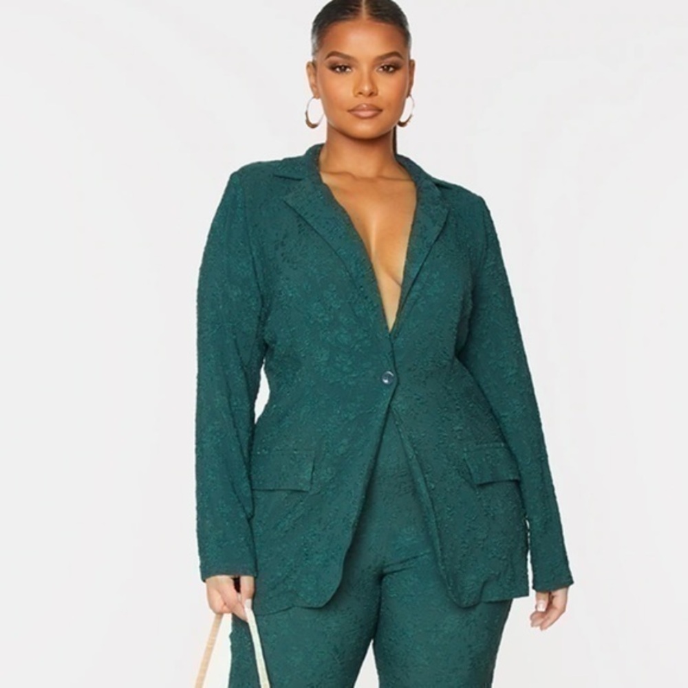 PrettyLittleThing Blazer Jacket 28 Women Green Stretch Belted Long Sleeve Solid